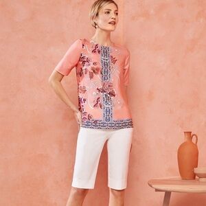 Chico's Floral Embroidered Blouse in Coral and Blue